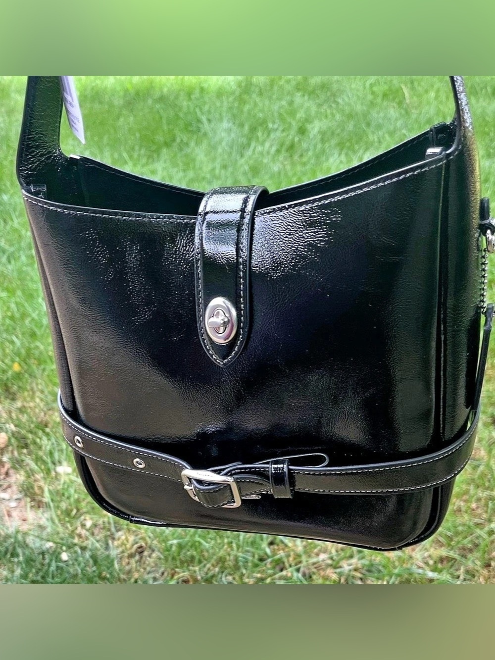 Coach Hadley Convertible Crossbody Bag Black Patent Crinkle Leather Shoulder Bag